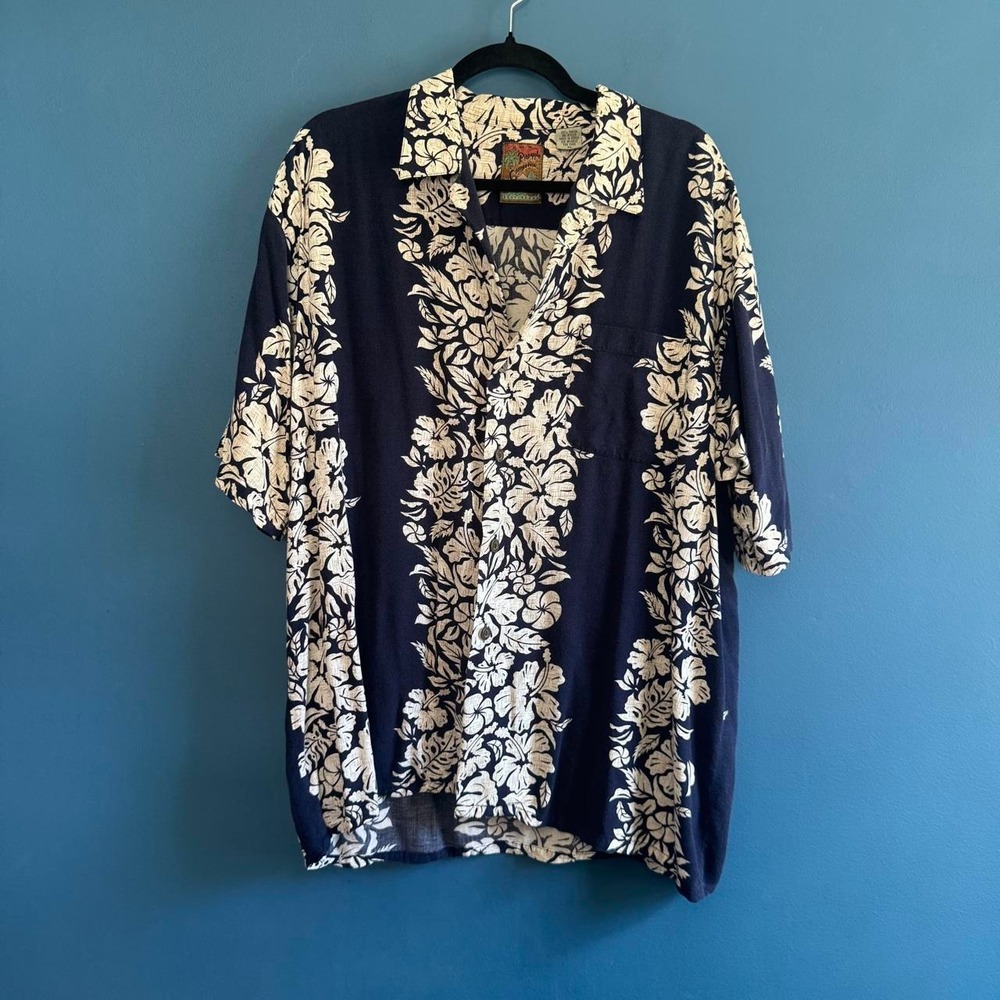 Vintage 90s Hawaiian Shirt Men's Size XL Pineapple Connection Blue White Collar
